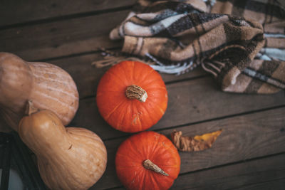 High angle view of pumpkins on table