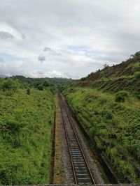 Railroad tracks on field against sky