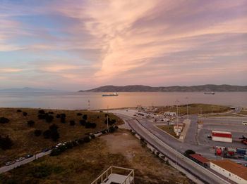 High angle view of sea against sky during sunset