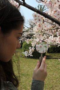 Close-up of woman holding cherry blossom by tree