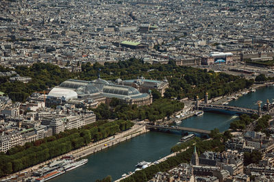 Grand and petit palais seen from the eiffel tower top in paris. the famous capital of france.