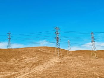 Electricity pylon on land against clear blue sky