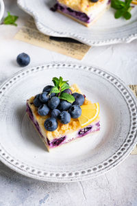 High angle view of cake in plate on table