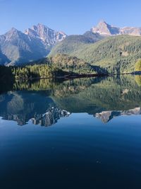 Scenic view of lake and mountains against blue sky