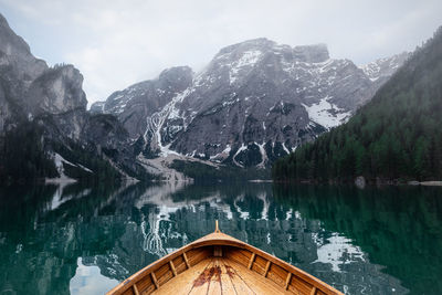 Scenic view of lake by snowcapped mountains