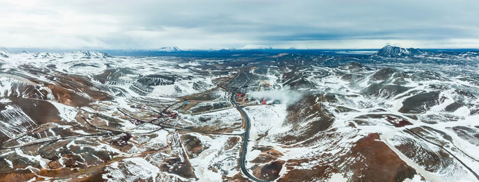 Aerial view of the krafla power plant in iceland.