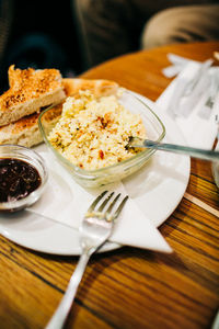 Close-up of breakfast served on table