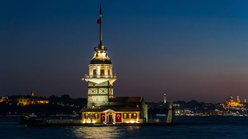 Illuminated building against sky at night