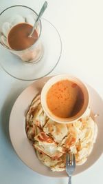 High angle view of breakfast served on table