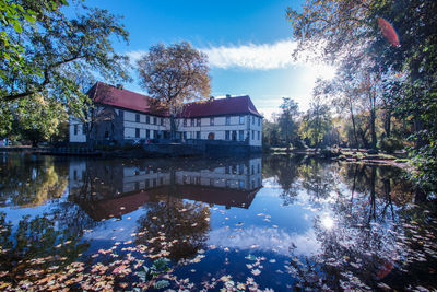 Reflection of trees and buildings in lake