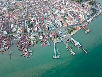 High angle view of boats in sea