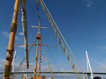 Low angle view of sailboat against clear blue sky