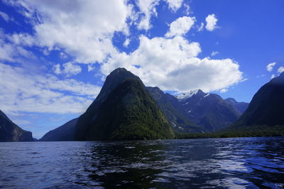 Scenic view of lake and mountains against sky