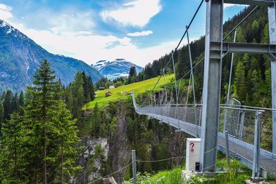 Footbridge by trees against mountain