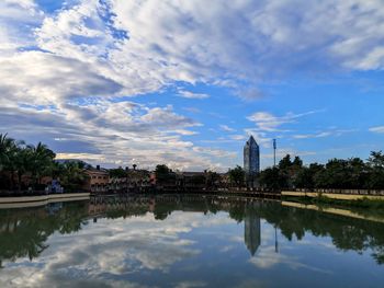 Reflection of buildings in lake