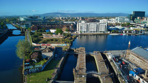 High angle view of buildings in city