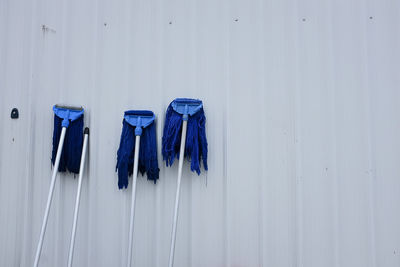 Blue mops by wall