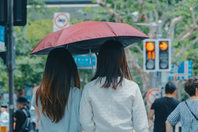 Rear view of women walking on wet street