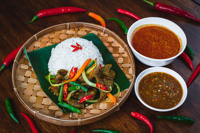 High angle view of meal served on table