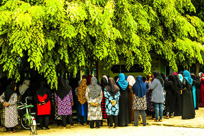 Women standing below branches on footpath
