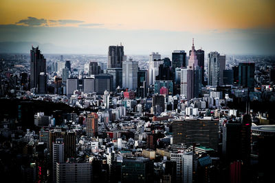 High angle view of cityscape against sky during sunset