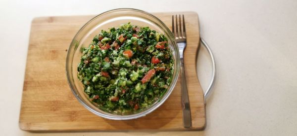 High angle view of vegetables in bowl on table