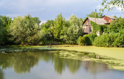 Scenic view of lake by trees and houses against sky