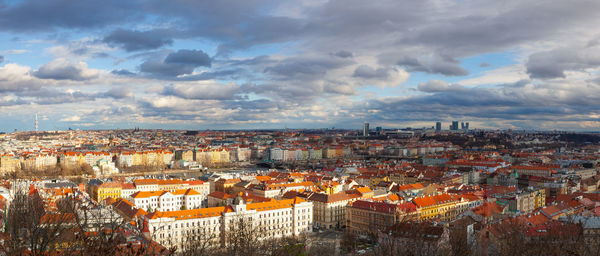 High angle shot of townscape against sky