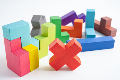 Close-up of toy blocks against white background