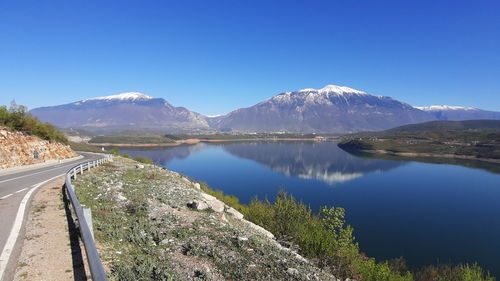 Panoramic view of lake and mountains against clear blue sky