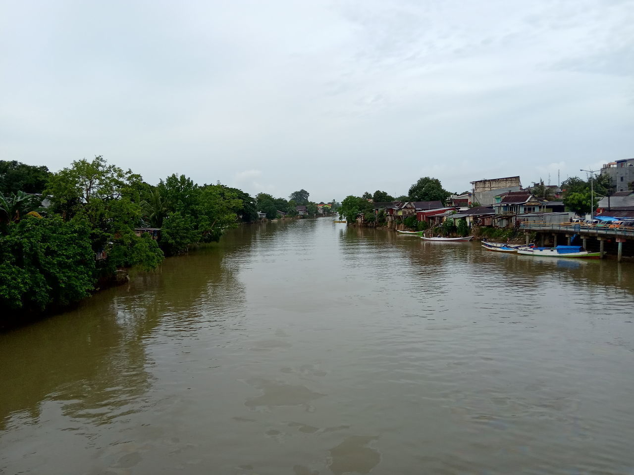 SCENIC VIEW OF RIVER BY TREES AND BUILDINGS AGAINST SKY