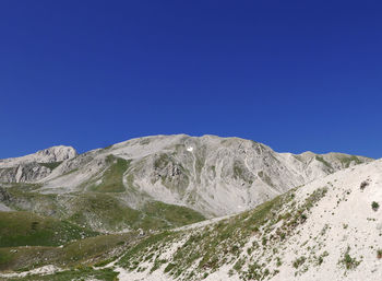 Scenic view of snowcapped mountains against clear blue sky