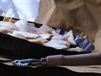 High angle view of meat on barbecue grill
