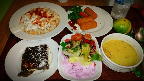 High angle view of meal served on table