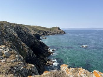 Scenic view of sea against clear blue sky