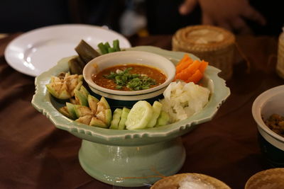 High angle view of food in bowl on table