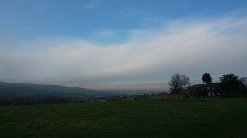 Scenic view of grassy field against sky