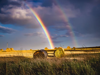 Scenic view of rainbow over field against sky