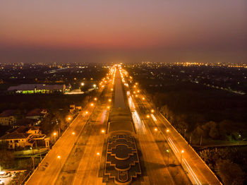 High angle view of illuminated city at night