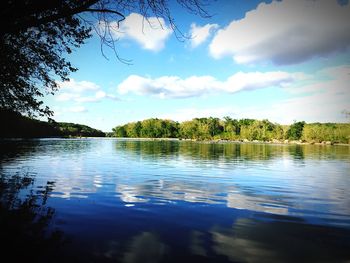 Scenic view of calm lake against cloudy sky