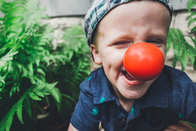 Close-up portrait of playful boy wearing clown nose