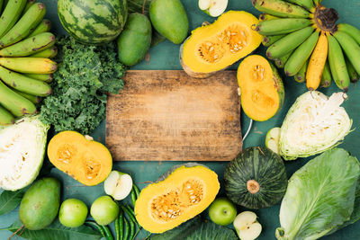 High angle view of various vegetables on table