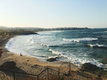 High angle view of sea against clear sky