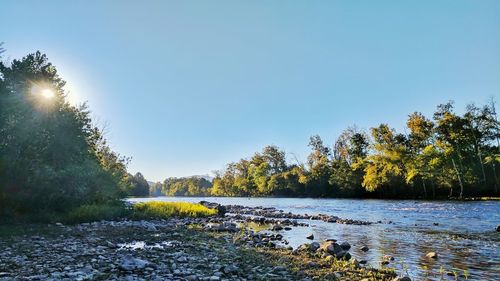 Scenic view of lake against clear sky