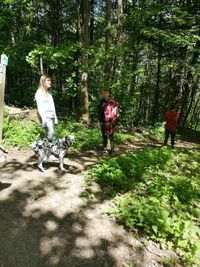 Rear view of woman with dog in forest