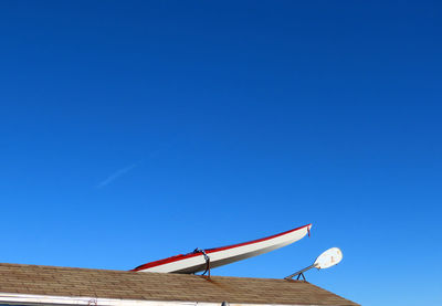 Low angle view of roof of building against clear blue sky