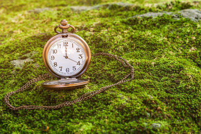 Close-up of clock on grassy field