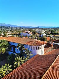 High angle view of townscape against clear blue sky
