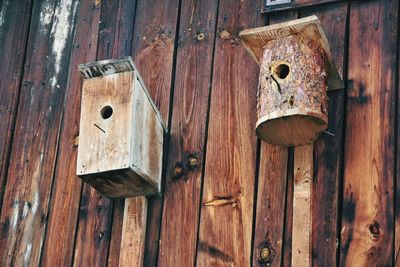 Low angle view of birdhouses on wooden wall