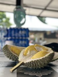 Close-up of durian on table